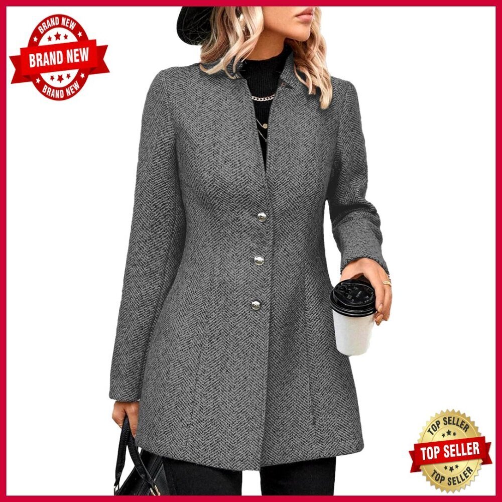 Wool Blend Pea Coat Blazer Slim Fit Stand Collar Business Casual Jacket